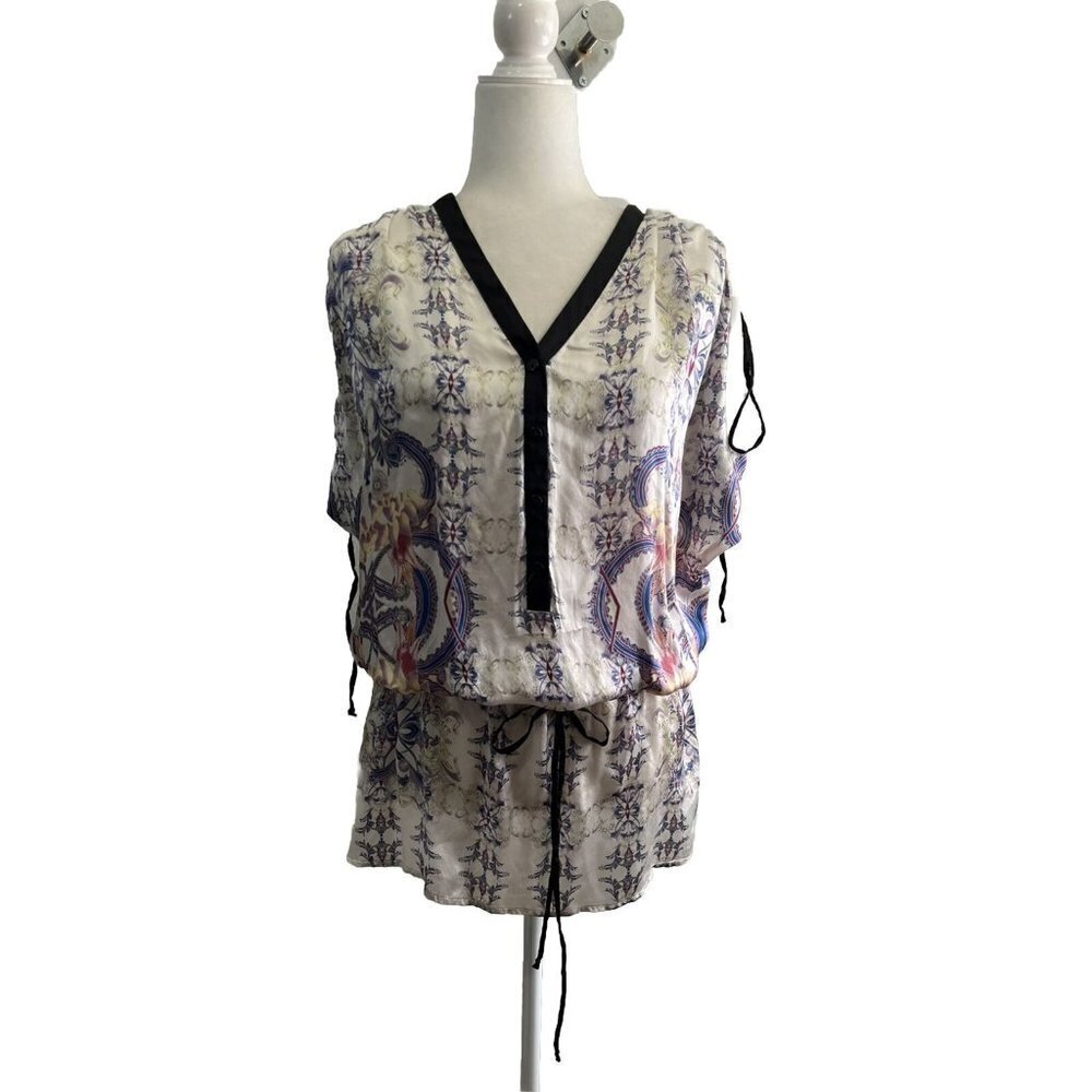 Zara Floral Silk Tunic Blouse Women Small Waist Drawstring Rushed Sleeves